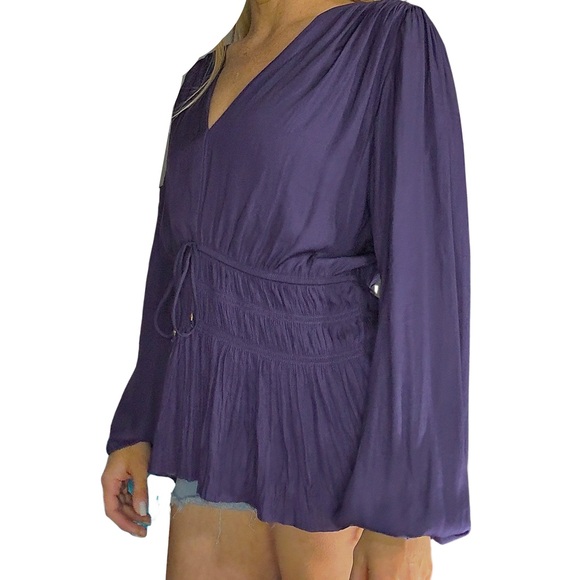 NWT* WHBM Petite Long-Sleeve Fitted Tie Waist Blouse in Cosmic Violet‎ - Picture 7 of 16